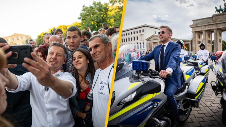 Montázs: Magyar Péter szelfizik a tömegben, illetve rendőrmotoron ül a Brandenburgi kapunál