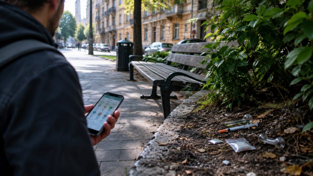 Illusztráció: járókelő telefonnal a kezében egy budapesti járdán, mellette a virágágyásban eldobott fecskendő, üvegpipa és tasak