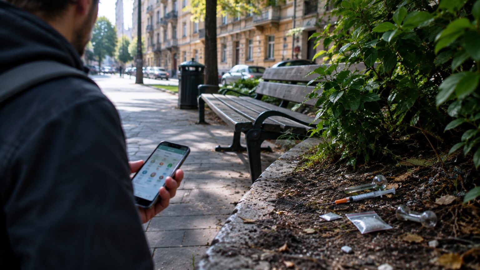 Illusztráció: járókelő telefonnal a kezében egy budapesti járdán, mellette a virágágyásban eldobott fecskendő, üvegpipa és tasak