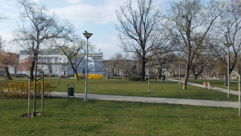 A II. János Pál pápa tér parkja Józsefvárosban, sétányok és fák, háttérben bérházakkal