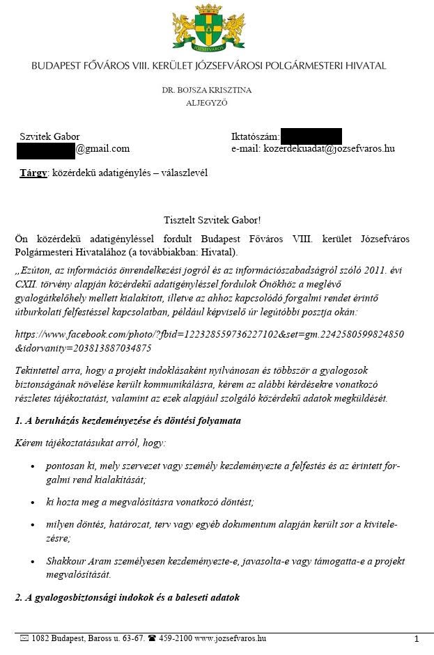 A Józsefvárosi Polgármesteri Hivatal válaszlevelének 1. oldala