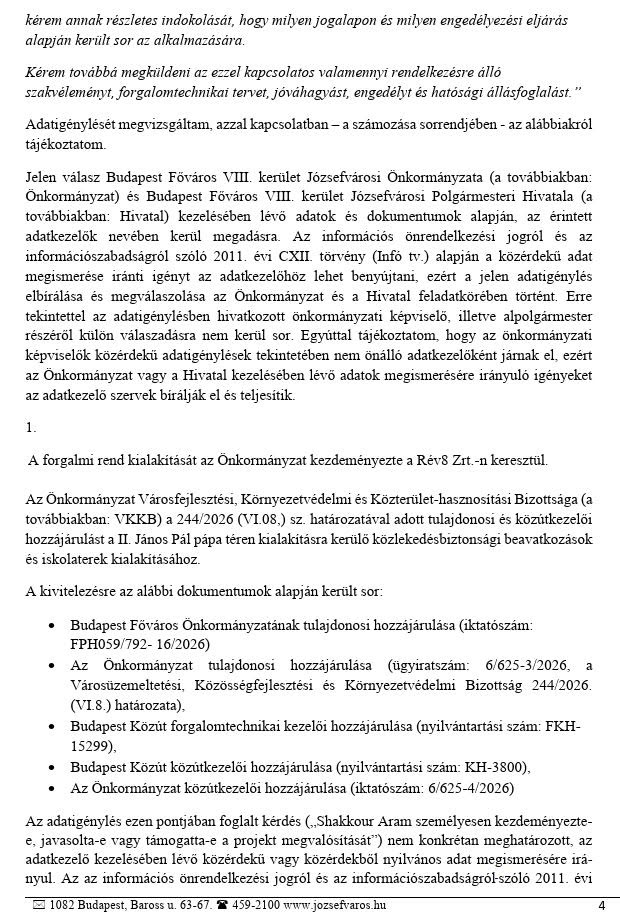 A válaszlevél 4. oldala: a forgalmi rendet az önkormányzat kezdeményezte a RÉV8 Zrt.-n keresztül