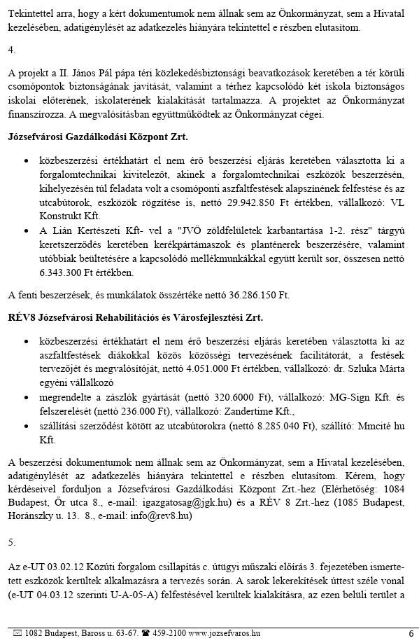 A válaszlevél 6. oldala a beszerzések tételes felsorolásával