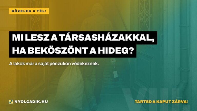 Nyitott társasházi kapu, benne zsákot és palackot cipelő alak; a képen a cikk címe és a Tartsd a kaput zárva! felhívás