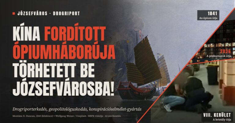 Montázs: az első ópiumháború hadihajói, egy mai konténerhajó és egy józsefvárosi elfogás, rajta a cikk címe
