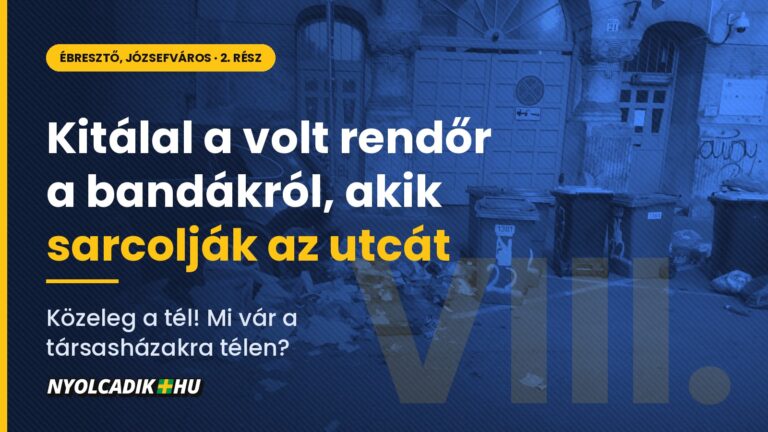 Szeméttel borított józsefvárosi utcaszakasz kukákkal, a Nyolcadik.hu grafikájával: Kitálal a volt rendőr a bandákról, akik sarcolják az utcát