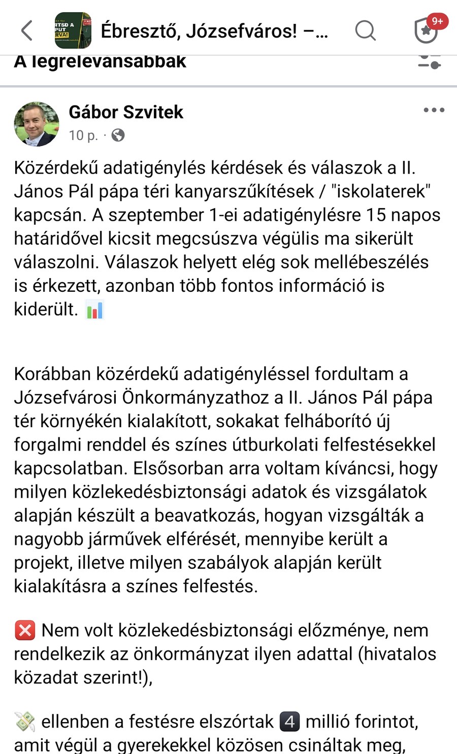 Képernyőkép Szvitek Gábor bejegyzéséről, amelyben a közérdekű adatigénylésre kapott választ ismerteti