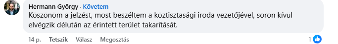 Hermann György hozzászólása a Facebook-poszt alatt: soron kívül elvégzik délután az érintett terület takarítását