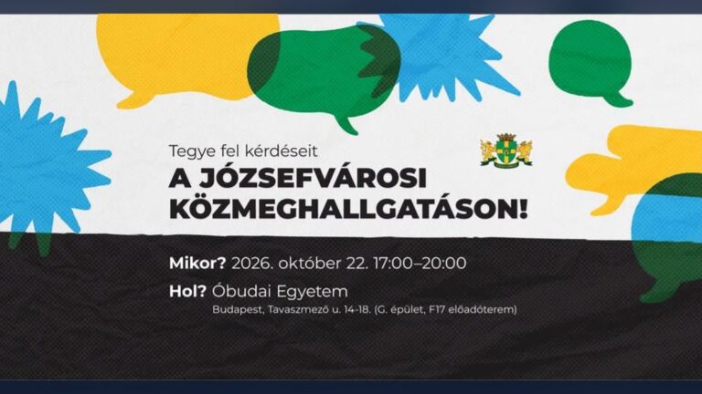 A józsefvárosi közmeghallgatás plakátja: Tegye fel kérdéseit a józsefvárosi közmeghallgatáson! 2026. október 22., 17:00–20:00, Óbudai Egyetem, Tavaszmező utca 14–18.