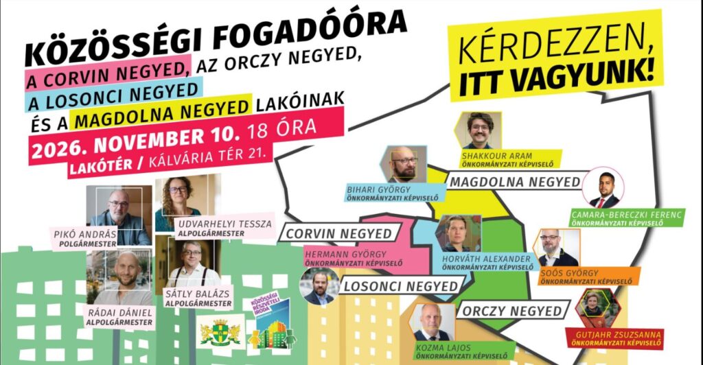 Közösségi fogadóóra plakátja – 2026. november 10., Lakótér, Kálvária tér 21., a Corvin, Orczy, Losonci és Magdolna negyed lakóinak