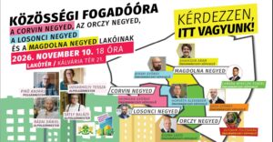 Közösségi fogadóóra plakátja – 2026. november 10., Lakótér, Kálvária tér 21., a Corvin, Orczy, Losonci és Magdolna negyed lakóinak