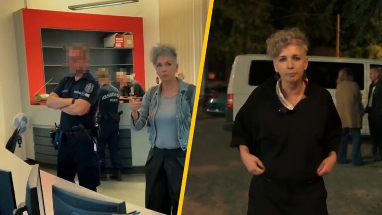 Bódis Kriszta egy rendőrségi ügyeleten és éjszaka egy kisbusz előtt; a rendőrök arca kitakarva