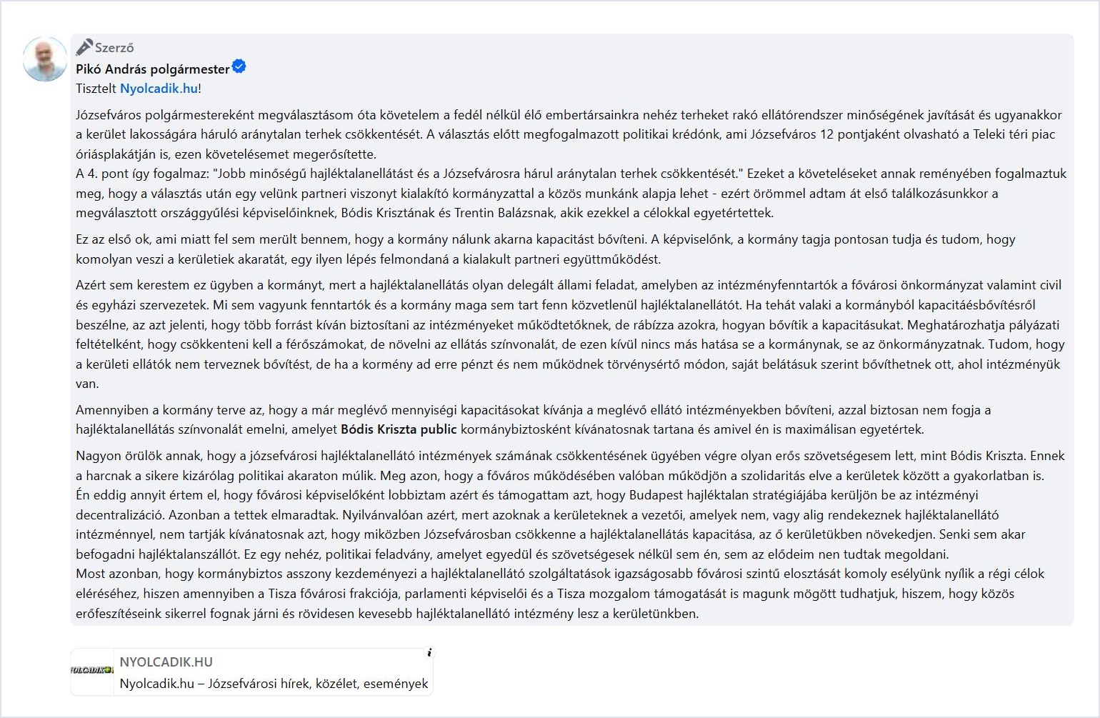 Pikó András polgármester válasza a Nyolcadik.hu kérdésére a hajléktalanellátás kapacitásbővítéséről