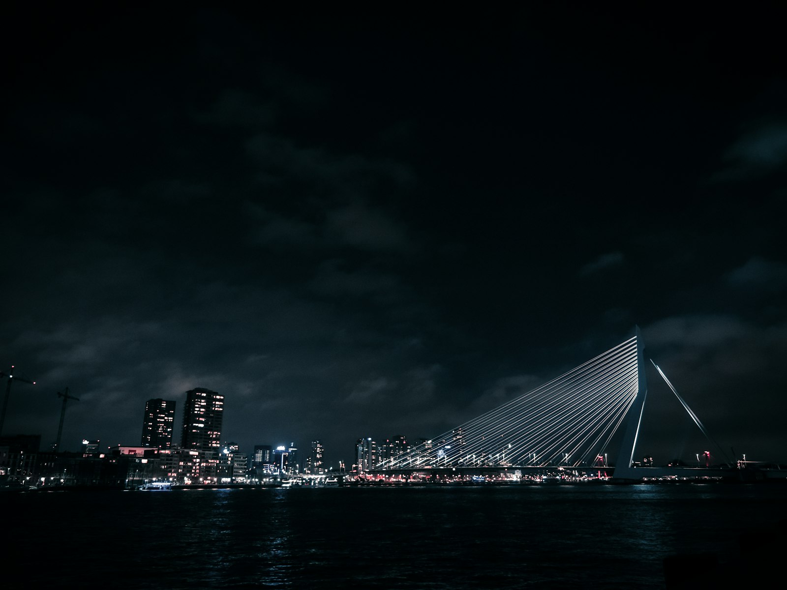 Fekete-fehér fotó a rotterdami Erasmus-hídról és a Maas-partról